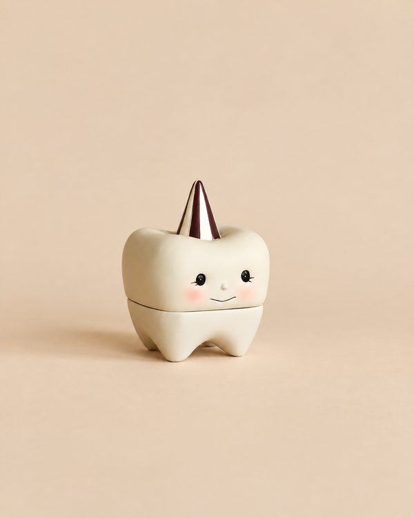 Konges Sløjd Stone Tooth Box shaped like a tooth with a smiling face, pink cheeks, and a striped cone hat.