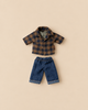 Maileg Extra Clothing: Brown Checked Shirt And Pants, Dad Mouse set featuring a brown and navy blue checkered collared shirt and blue denim pants.
