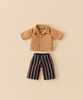 Maileg Extra Clothing: Shirt And Striped Pants For Dad Mouse featuring a tan short-sleeved dotted shirt paired with navy blue striped pants.