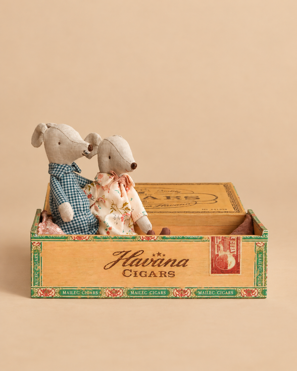Maileg Grandma and Grandpa Mice in Cigar Box, featuring two mice dressed in vintage-style clothing sitting inside a decorative cigar box.