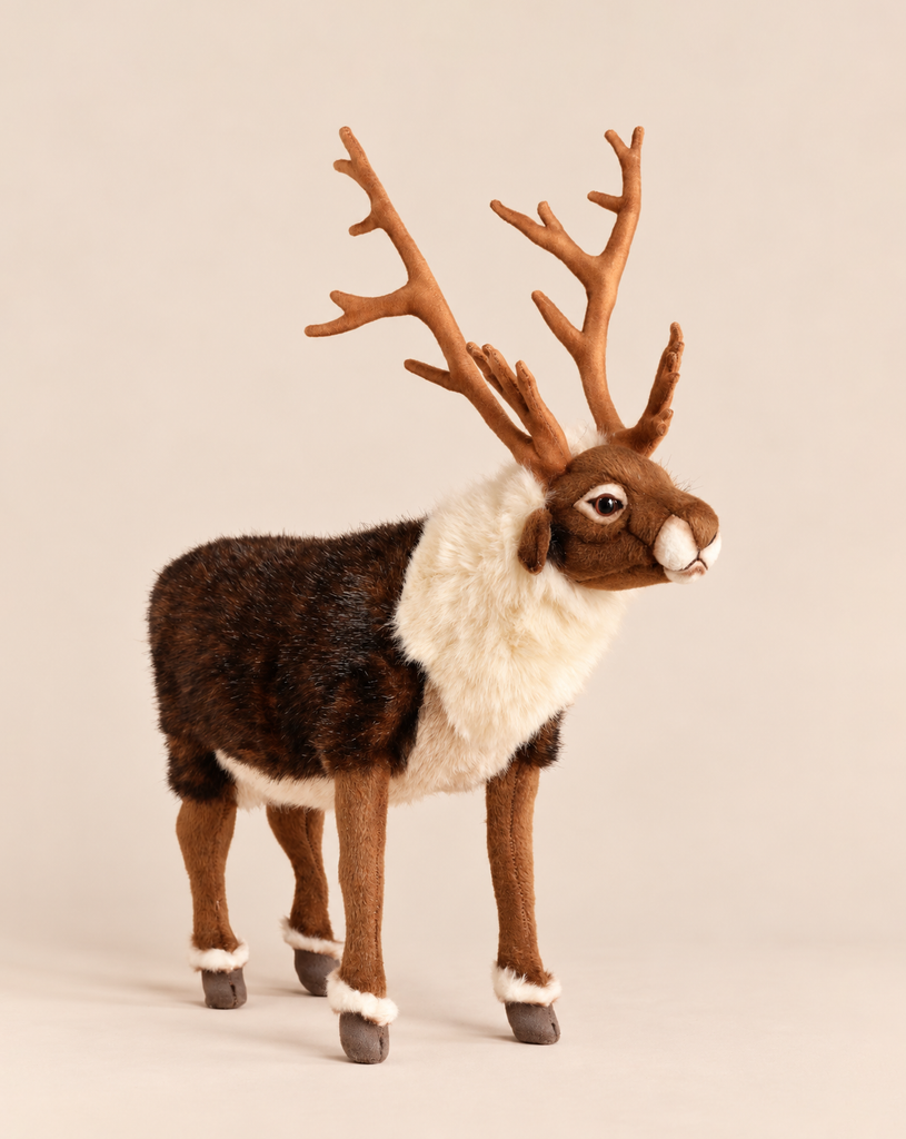 Realistic Nordic Reindeer Stuffed Animal with brown and white fur and large antlers.