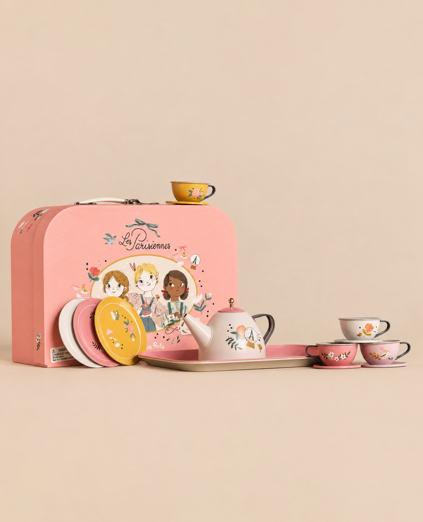 Moulin Roty Metal Tea Party Suitcase Set - The Parisiennes including a suitcase, teapot, tray, and four cups and saucers, all featuring illustrated floral and character designs.