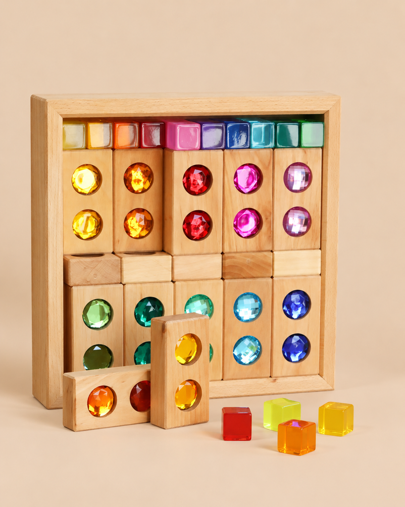 Bauspiel Gem Blocks with Lucent Cubes, 45-Piece Set: wooden construction blocks featuring embedded multifaceted colorful gems, arranged in a wooden storage tray with a row of small translucent cubes.