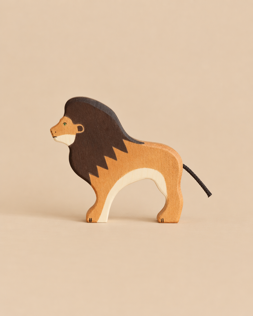 Handcrafted Holztiger Lion toy with a dark brown mane and a black cord tail.