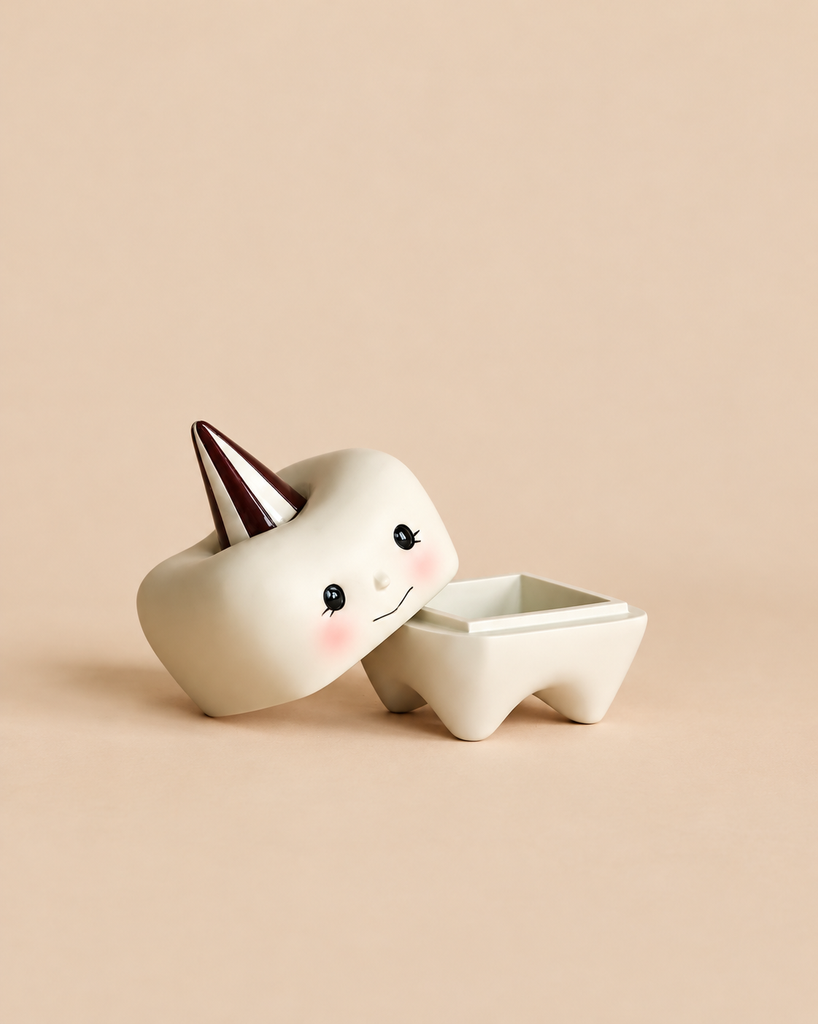 A Konges Sløjd Stone Tooth Box shaped like a ceramic tooth with a face, featuring a striped party hat lid that is tilted open.