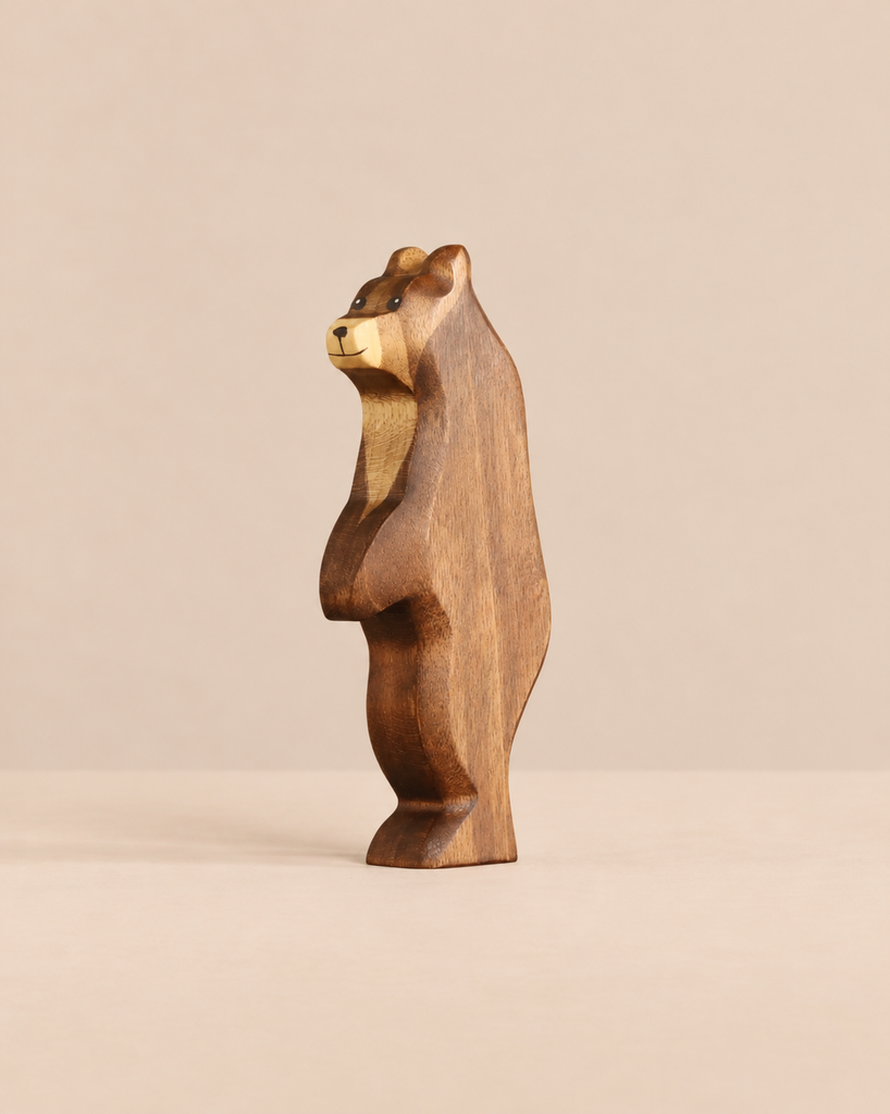 Handmade Holzwald Woodland Animals set featuring a handmade wooden toy of a standing bear.