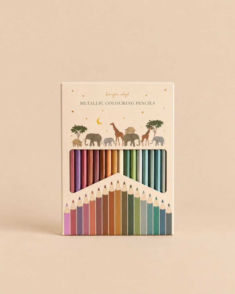 Konges Sloejd Metallic Coloring Pencils in a box featuring an illustration of safari animals, stars, and a crescent moon.