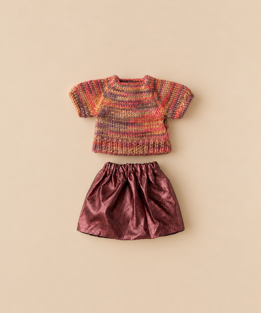 Maileg Extra Clothing: Skirt And Knitted Blouse For Mom Mouse, featuring a multi-colored knitted blouse and a metallic red doll skirt for a toy mouse.