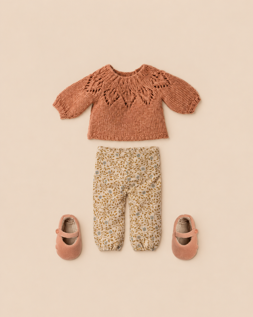 Maileg Pants and Knitted Sweater, Size 3, featuring a terracotta-colored knitted sweater with a lace pattern, flower-printed pants, and two pink mary jane shoes arranged on a plain background.