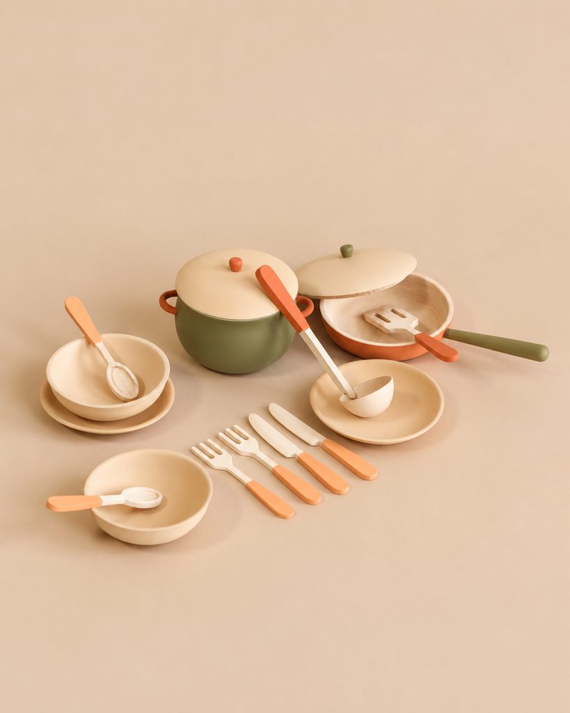 Sabo Concept Handmade Wooden Kitchen Essentials - Herbal set featuring a lidded pot, skillet, two bowls with spoons, plates, and cutlery in muted earth tones for Montessori play.