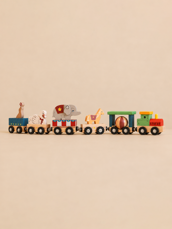 Konges Sloejd Wooden Animal Train featuring a green engine and carriages with a striped ball, a horse, an elephant, a goose, and a sea lion on a pedestal.