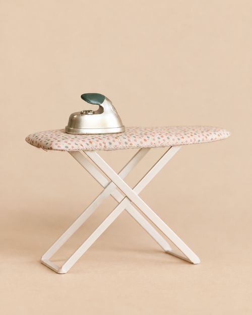 Maileg Ironing - Mouse Size featuring a miniature ironing board with a patterned cover and a small metal iron.
