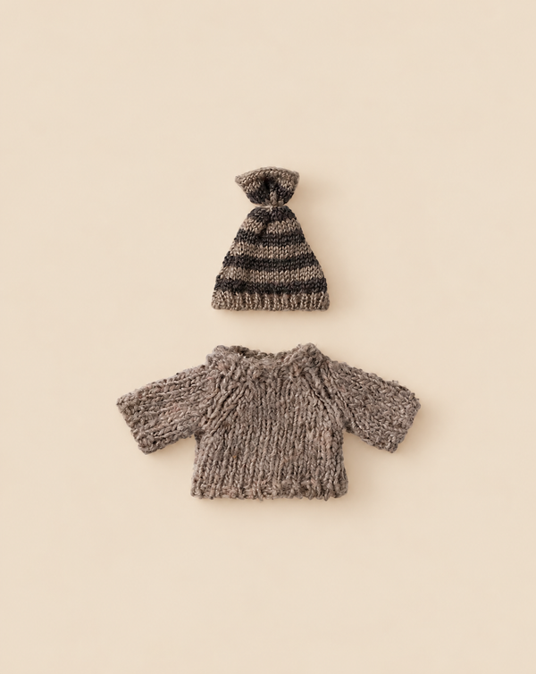 Maileg Extra Clothing: Knit Sweater and Hat for Big Brother Mouse, a miniature hand-knit sweater and striped hat for a toy mouse, perfect as winter clothing for small figures.