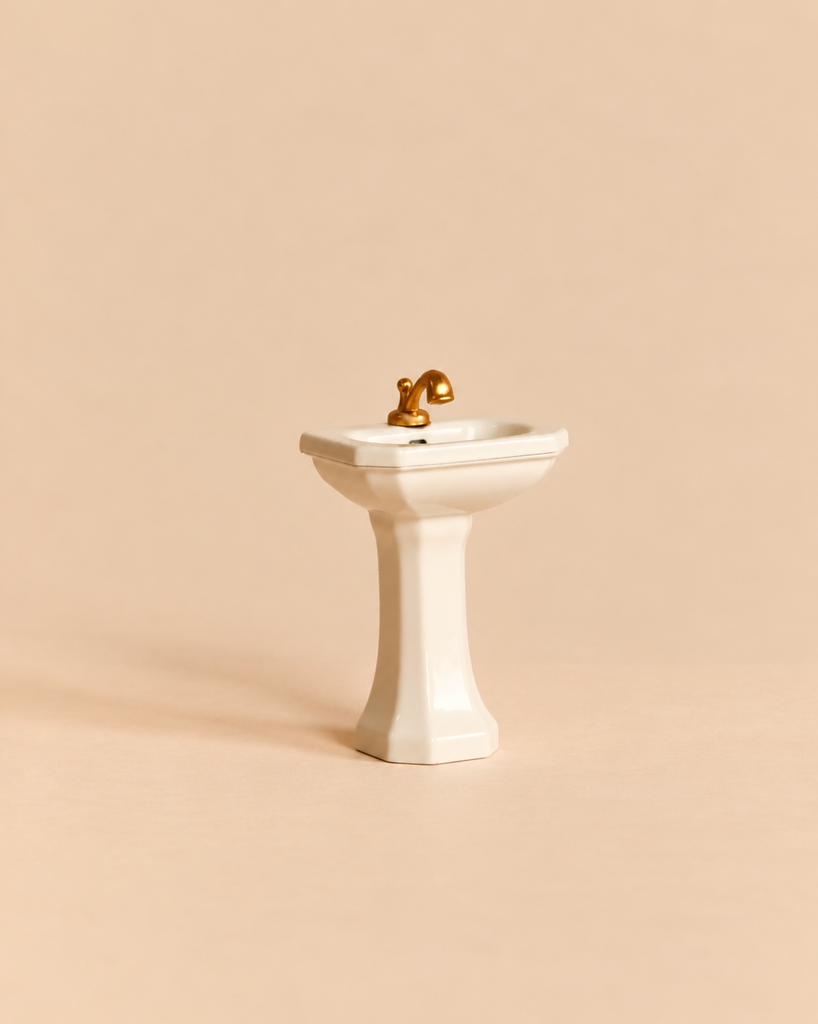 Maileg Bathroom Sink, Mouse Size - Off White, featuring a miniature white pedestal design with a gold-colored faucet, created as a charming mouse house accessory.