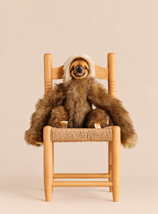 A realistic Sloth Stuffed Animal with long brown fur and a light-colored face sits on a small wooden chair.