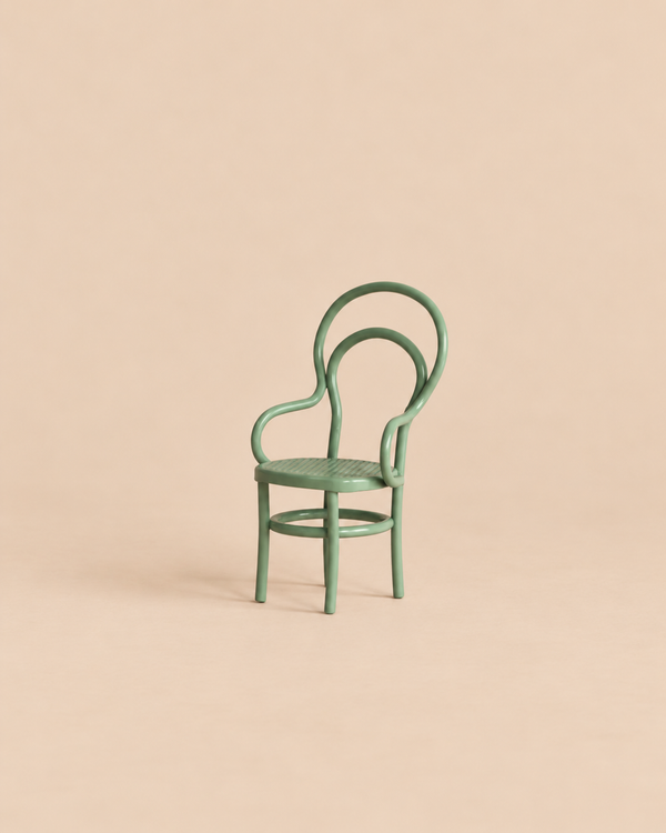 Mint green Maileg Vintage Chair, Mouse Size, featuring a curved backrest and armrests.
