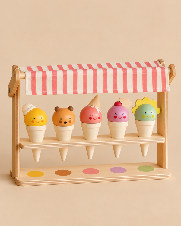 Ice Cream Scoops and Smiles wooden toy set displayed on a stand featuring five colorful cones with smiling faces.