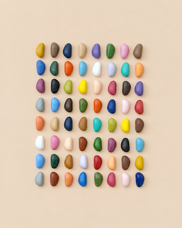 Sixty-four pebble-shaped Non-Toxic 64 Piece Crayon Rocks arranged in an eight-by-eight grid on a light tan surface.