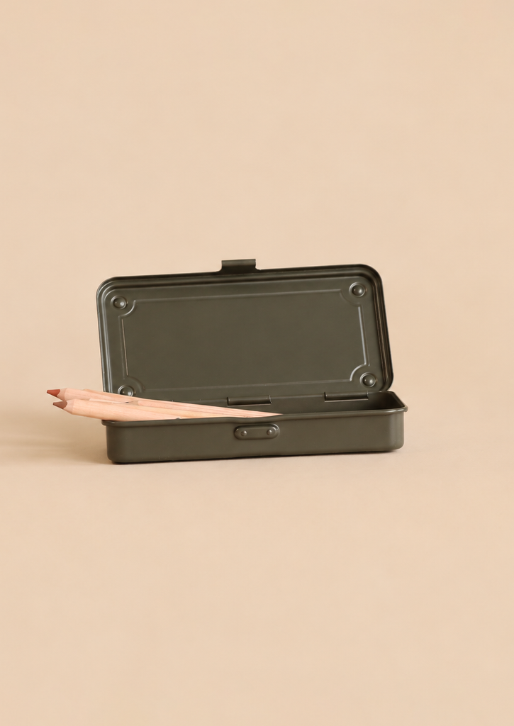Open olive green Toyo - Steel Stackable Storage Box T-192 containing two wooden pencils.
