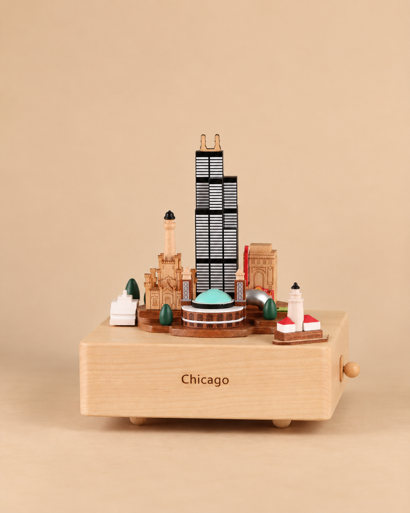 Chicago Wooden Music Box featuring a miniature Chicago skyline with the Willis Tower, centered on a light wood base labeled “Chicago.”