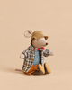Maileg Granddad Mouse toy wearing a plaid jacket, bowtie, and hat, sitting with legs extended.