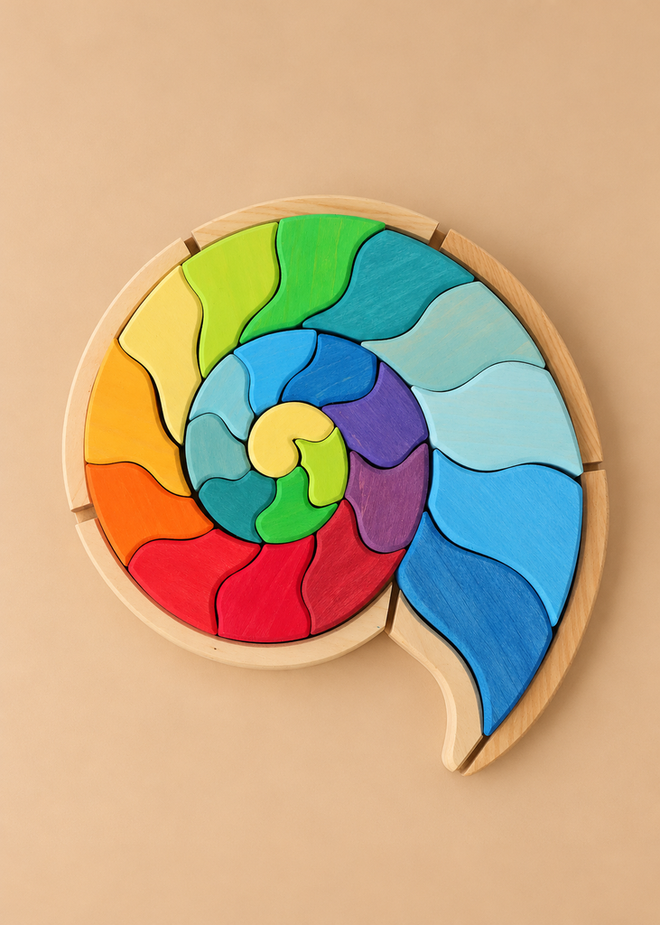 A colorful Grimm’s Building Set Ammonite Shell creative puzzle featuring interlocking wooden pieces that form a spiral.