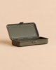 An open, military green Toyo - Steel Stackable Storage Box T-192 with a hinged lid.