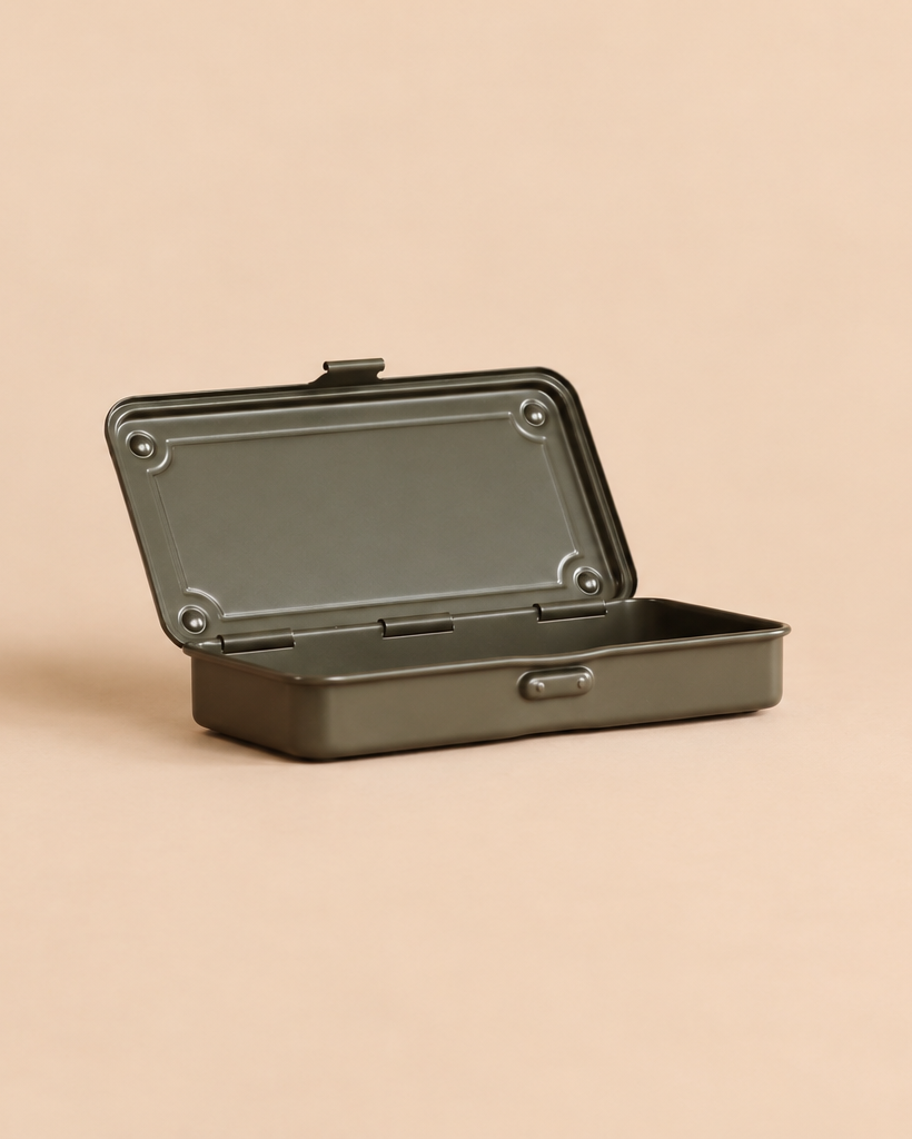 An open, military green Toyo - Steel Stackable Storage Box T-192 with a hinged lid.