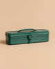 Toyo Steel Toolbox T-320 in antique green, featuring a hinged lid, a central carrying handle, and a front latch.