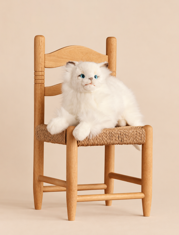 A realistic White Cat Laying Stuffed Animal with blue eyes sitting on a small wooden chair with a woven seat.