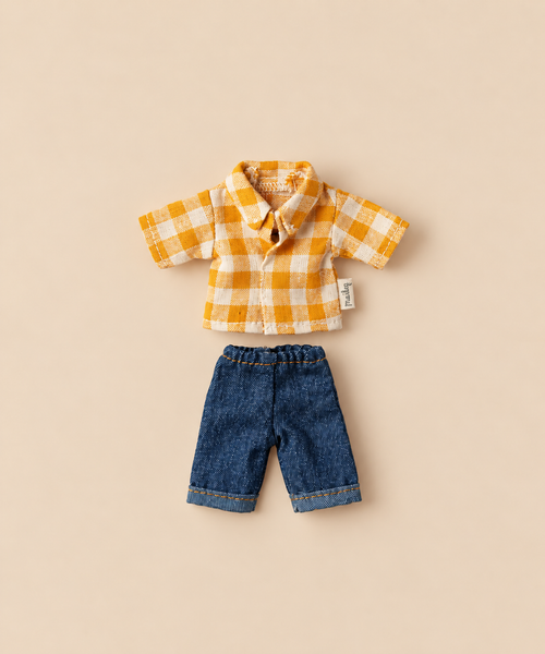 Maileg Extra Clothing: Yellow Checked Shirt and Pants For Dad Mouse featuring a yellow and white checked shirt and blue denim pants.