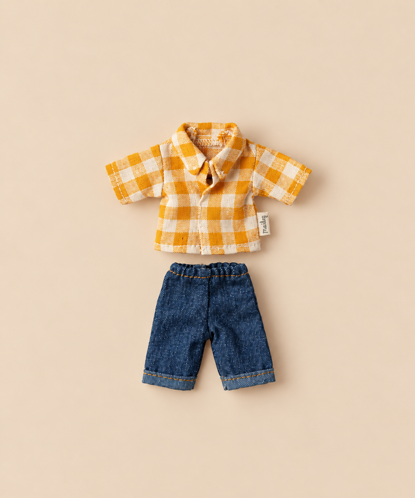 Maileg Extra Clothing: Yellow Checked Shirt and Pants For Dad Mouse featuring a yellow and white checked shirt and blue denim pants.