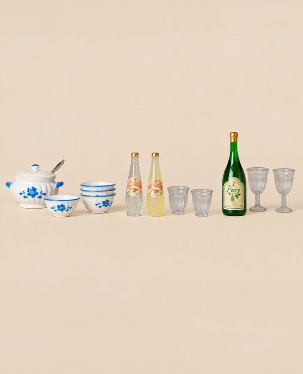 Maileg Soup Set, Mouse, featuring a lidded tureen, three bowls, two bottles of lemonade, two tumblers, a bottle of pear cider, and two stemmed glasses for a pretend meal.