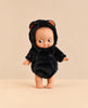 A high-quality vinyl Minikane Mini Pancha Doll - Noah Celebrating with Black Cat Halloween Outfit, wearing a fuzzy black cat costume with orange-lined ears.