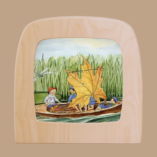 A whimsical silhouette of four children and a leaf sail boat, inspired by Peter in Blueberry Land, designed for the Toverlux Lamp—perfect for adding charm and fantasy to your space.