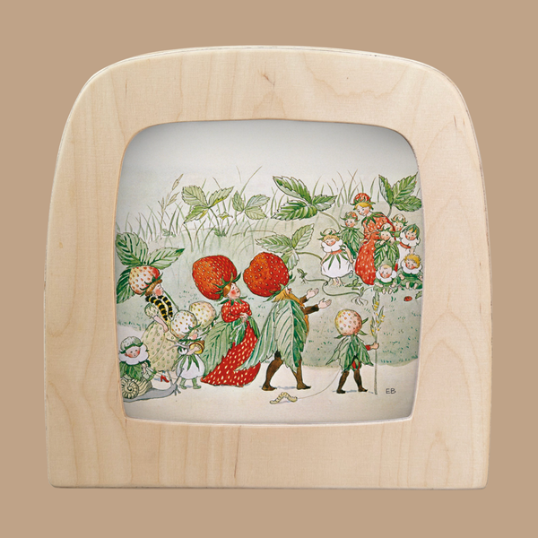 This light wood-framed illustration features whimsical, leaf-clad characters with strawberry heads parading through the grass, inspired by Christopher's Garden Magic and depicted in the "Silhouette Only - Family Strawberry for Toverlux Lamp" design.