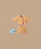 The Maileg Mom Mouse With Extra Outfit - Petite Couture, featuring a small tweed jacket and skirt in pastel colors, is displayed against a plain background. Accompanied by a miniature light blue handbag with a short strap, it echoes the charm of delicate Mouse Clothes.