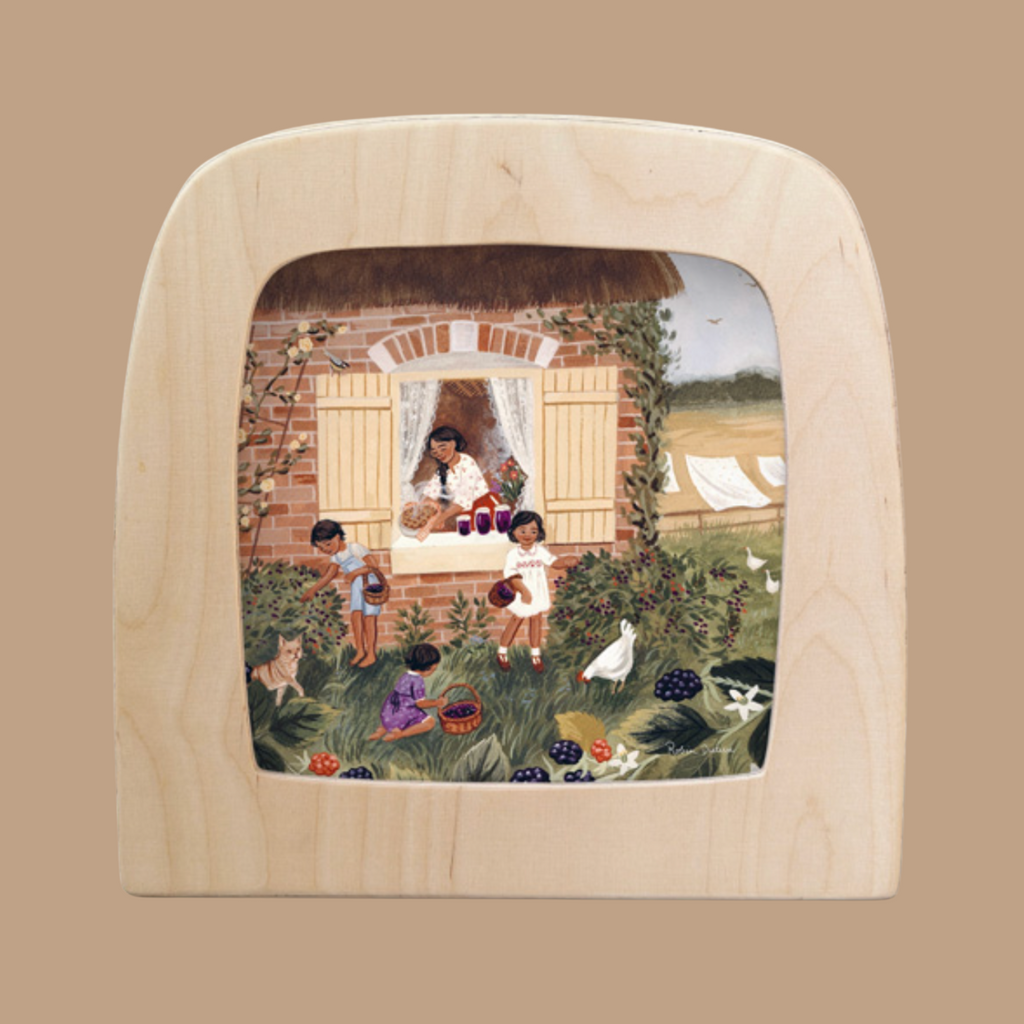 The Silhouette Only - Blackberry Pie for Toverlux Lamp features a charming country scene of a woman offering jam to children in a garden. Surrounded by a cat, chickens, laundry on the line, and rolling hills, this wooden-framed artwork captures magical rural life.