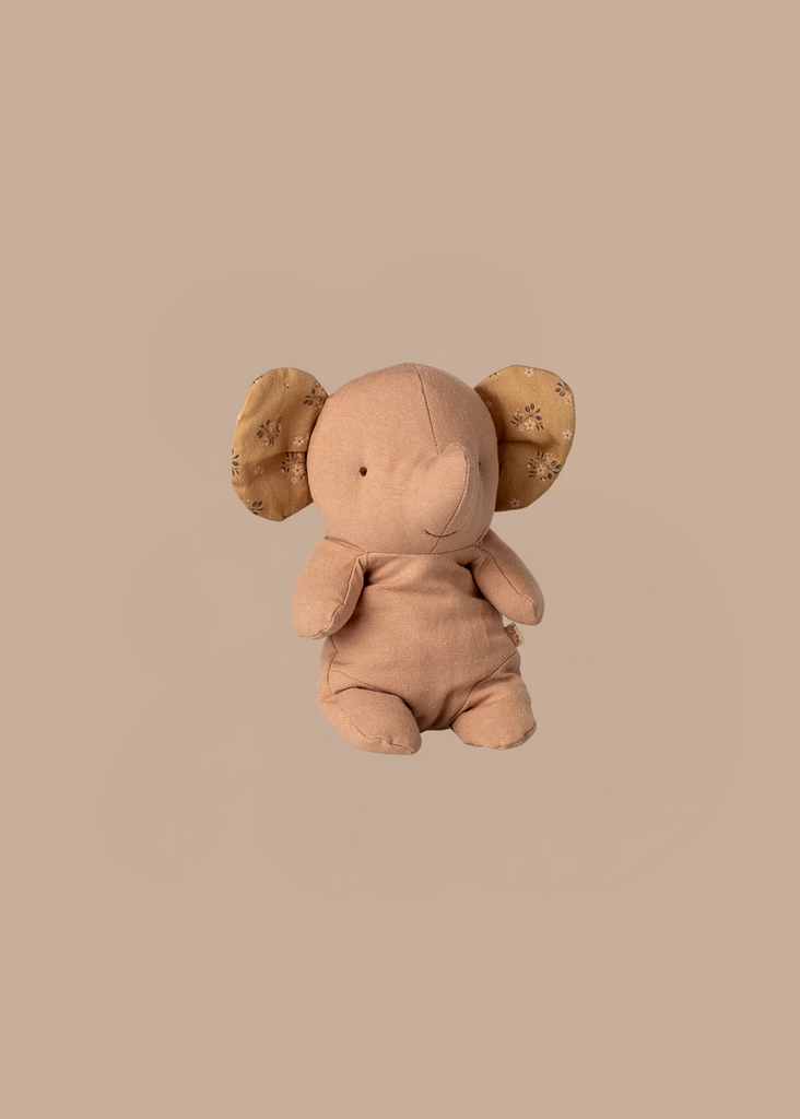 The Maileg Elephant, Small - Powder is a soft, light brown plush toy with patterned yellow inner ears, made from the softest fabric—a perfect cuddle companion for Safari friends.