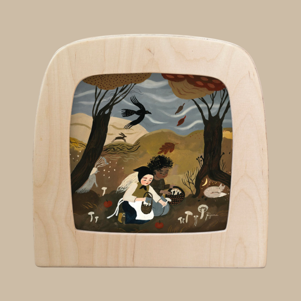 Silhouette Only - Autumn Treasures for Toverlux Lamp: enchanting autumn scene with two children gathering mushrooms among trees, birds, a white rabbit, and rolling hills—part of the Magic Silhouettes collection.