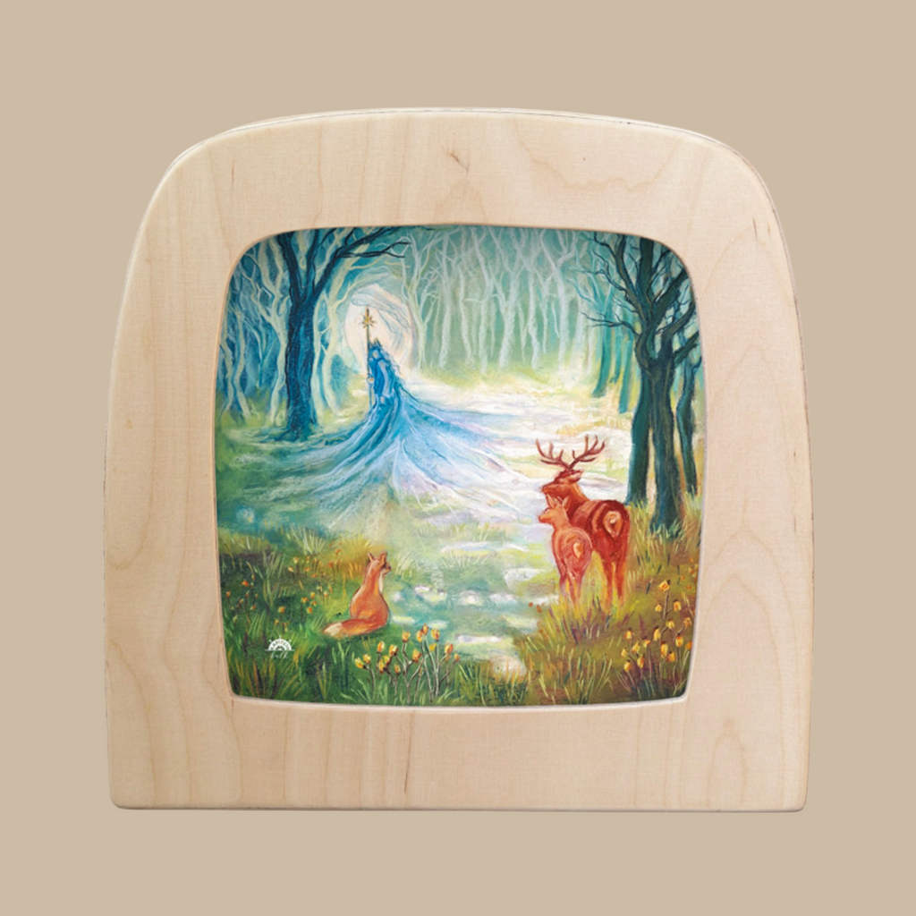 The "Silhouette Only - King Winter for Toverlux Lamp" features a translucent art insert of a woman in blue with a staff in a wooded scene, joined by deer and fox—ideal as enchanting home decor for your lamp frame.