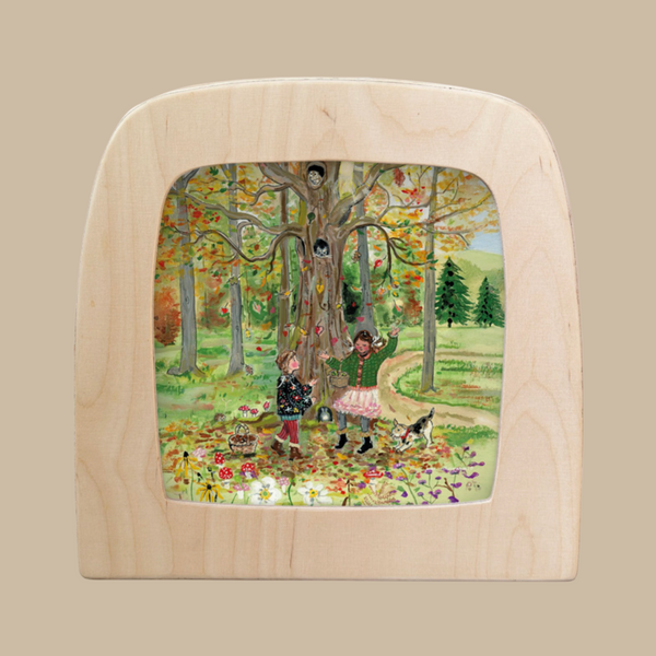 The Silhouette Only - Leaves Delight for Toverlux Lamp features two children and a dog picking apples beneath a tree in an autumn landscape, with baskets and colorful leaves—an enchanting choice for home decor.