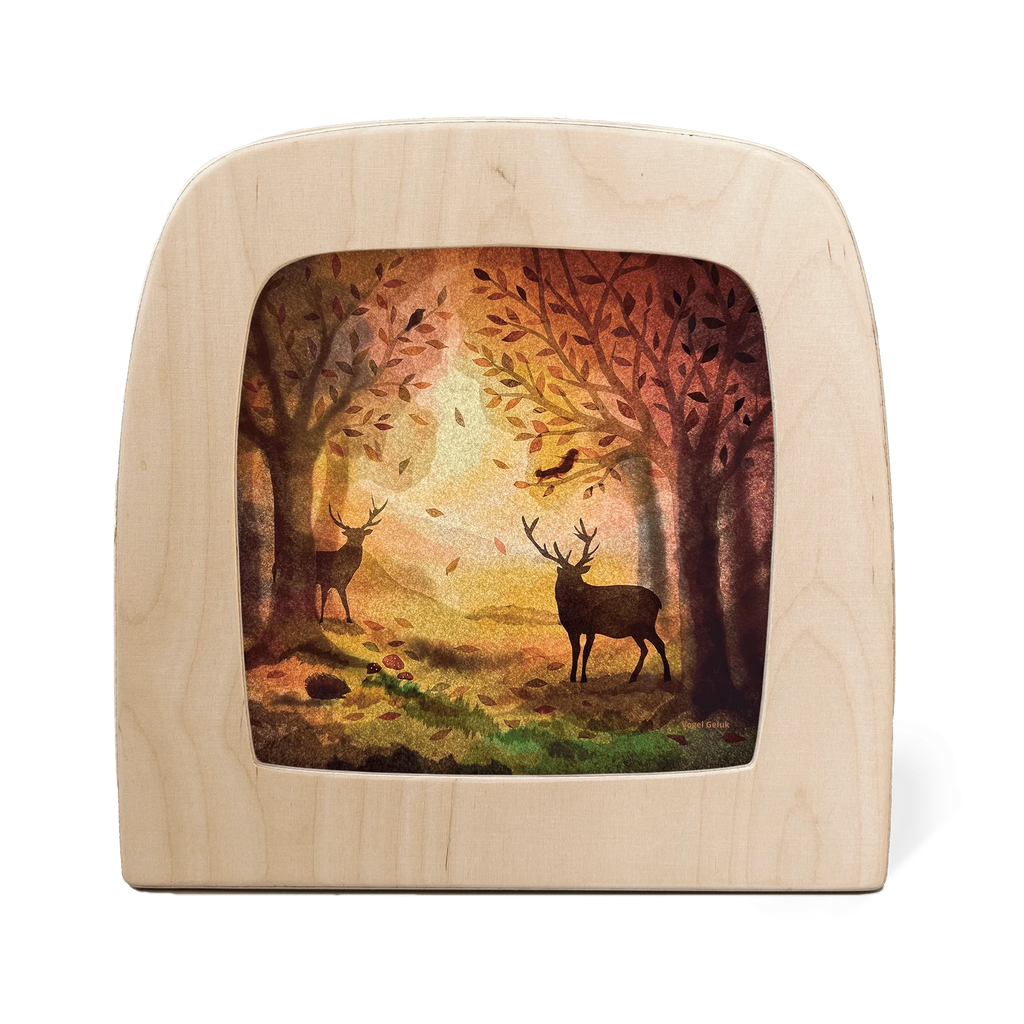 The Silhouette Only - Komorebi for Toverlux Lamp features two deer in an autumn forest, with colorful leaves and soft sunlight filtering through trees. Ships in one week.