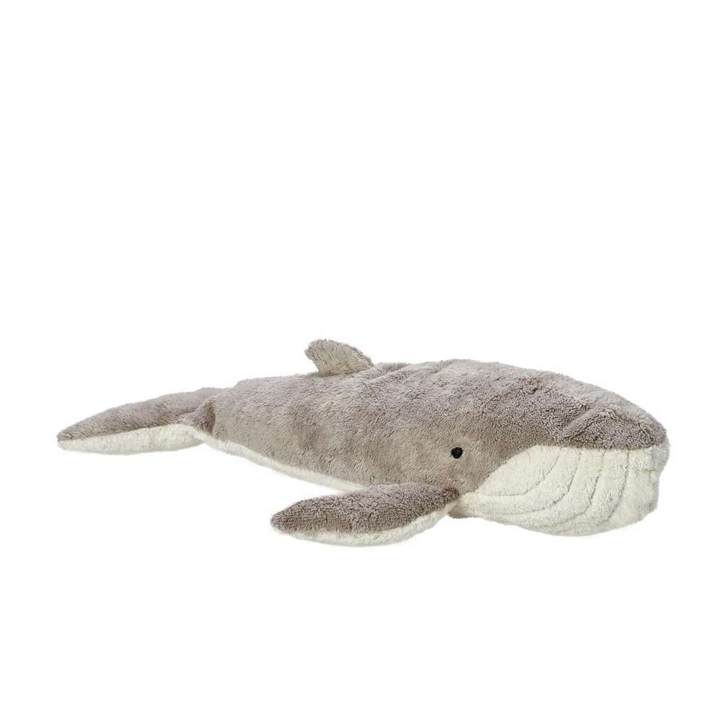 The Senger Naturwelt Cuddly Animal - Whale is a large, plush gray and white stuffed toy handmade in Germany from organic cotton, with a small dorsal fin, pectoral flippers, and stitched eyes and mouth.