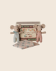 Two small PMaileg Twins, Baby Mice in Matchbox - Checker are dressed in pastel rompers and posed in front of their vintage-style matchbox bed labeled “Baby Twins,” with a patterned pillow placed beside them on a plain beige background.
