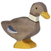 The Holztiger Duck, Standing is a European-made wooden figurine featuring a brown body, yellow beak and feet, a white neck band, and blue and white wing detail—part of the charming HOLZTIGER figures collection.