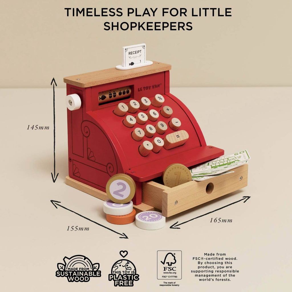 The Cash Register & Money is a red wooden toy with buttons, receipt, coins, and an open drawer. Shown on a beige background with size and eco-friendly details, it’s perfect for educational play and creative roleplay.