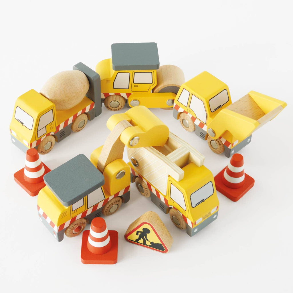 Construction Toy Cars, Trucks & Diggers: Includes four yellow wooden vehicles (mixer, dump truck, excavator), three orange traffic cones, and a roadwork sign—ideal for imaginative play. Ships in one week.