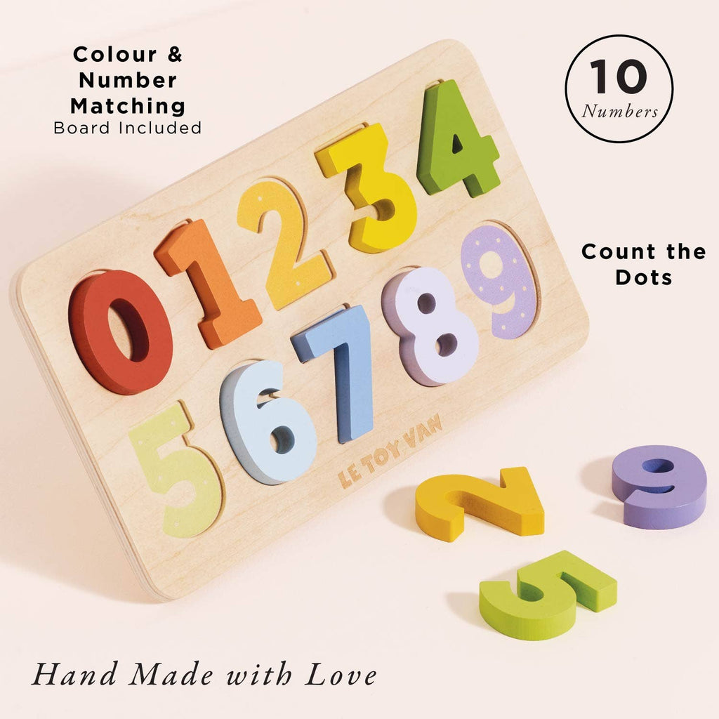 The Counting Wooden Numbers Shape Sorter features colorful removable numbers 0–9, matching dots for counting, and "Colour & Number Matching Board Included," "10 Numbers," and "Hand Made with Love" text. Ideal for early learning.