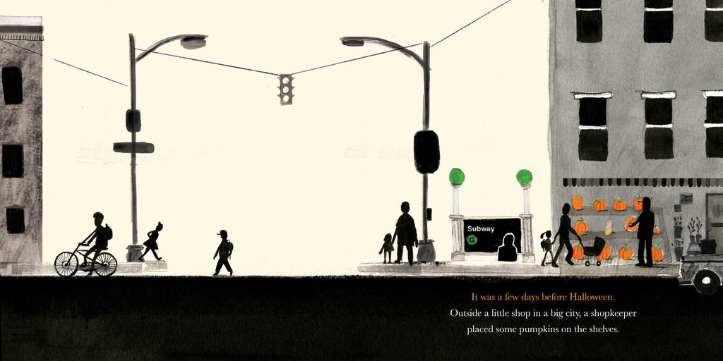 Illustration of a city street with people, a cyclist, streetlights, and a shop window displaying pumpkins—including a stemless jack-o-lantern inspired by Stumpkin by Lucy Ruth Cummins. A “Subway” sign is visible.